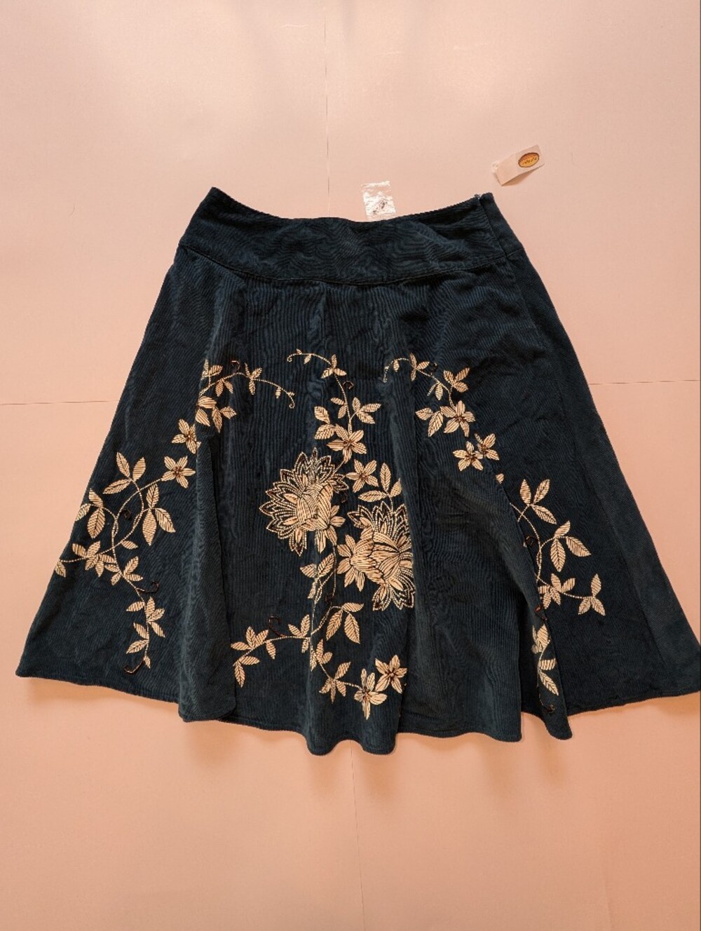 NWT Teal Cotton Corduroy Flare Skirt w/ Floral and Beaded Embellishment, Size 10
